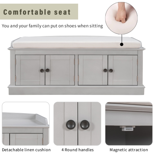 Kepooman Storage Bench with 4 Doors and Adjustable Shelves, Shoe Bench with Removable Cushion for Living Room - Gray