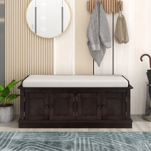 Kepooman Storage Bench with 4 Doors and Adjustable Shelves, Shoe Bench with Removable Cushion for Living Room - Espresso