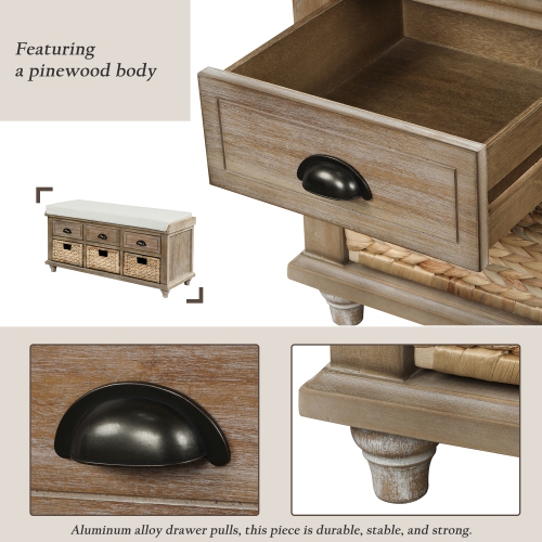 Banc de rangement rustique Kepooman avec 3 tiroirs et 3 paniers en rotin, banc à chaussures pour le salon - Naturel