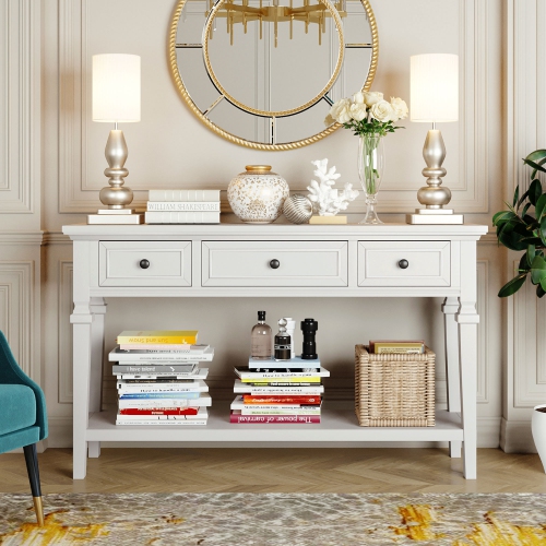 Kepooman Classic Retro Style Console Table with Three Top Drawers and Open Style Bottom Shelf for Entryway - White