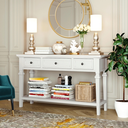 Kepooman Classic Retro Style Console Table with Three Top Drawers and Open Style Bottom Shelf for Entryway - White