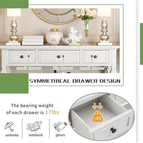 Kepooman Classic Retro Style Console Table with Three Top Drawers and Open Style Bottom Shelf for Entryway - White