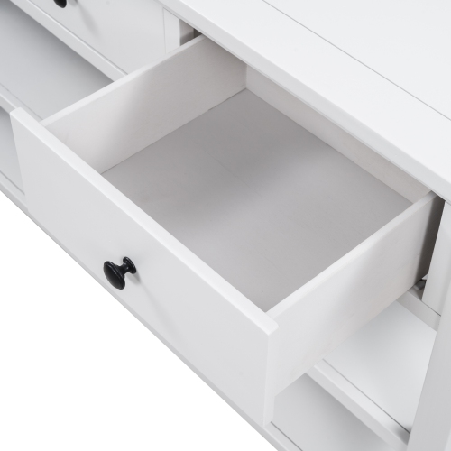 Console rétro Kepooman avec deux tablettes ouvertes, cadre en pin massif et pattes pour salon - Blanc