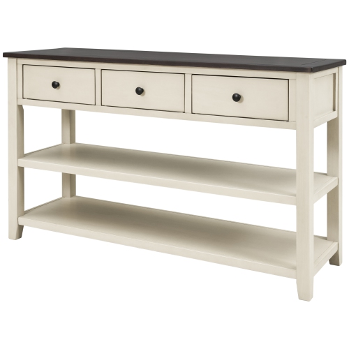 Console rétro Kepooman avec deux tablettes ouvertes, cadre en pin massif et pattes pour salon - Beige