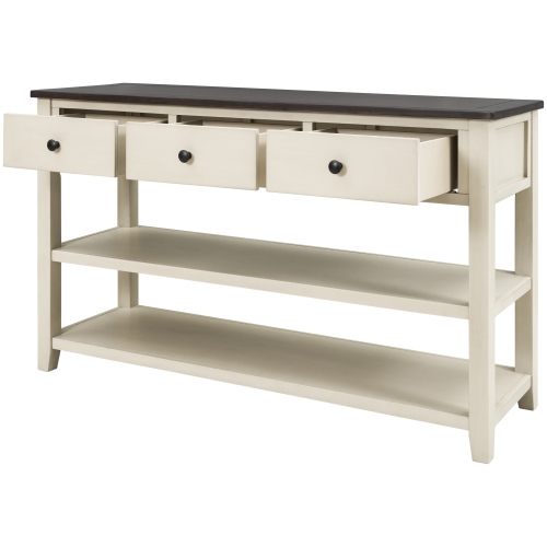 Console rétro Kepooman avec deux tablettes ouvertes, cadre en pin massif et pattes pour salon - Beige