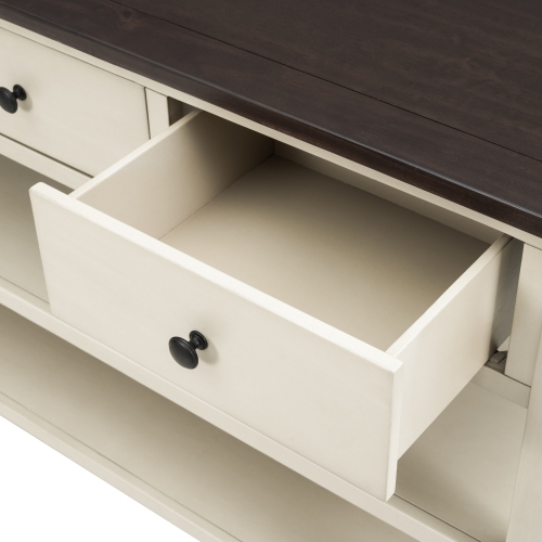Console rétro Kepooman avec deux tablettes ouvertes, cadre en pin massif et pattes pour salon - Beige