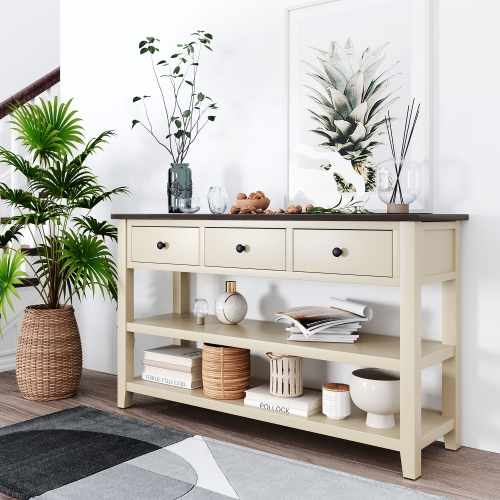 Console rétro Kepooman avec deux tablettes ouvertes, cadre en pin massif et pattes pour salon - Beige