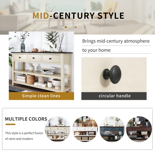 Console rétro Kepooman avec deux tablettes ouvertes, cadre en pin massif et pattes pour salon - Beige