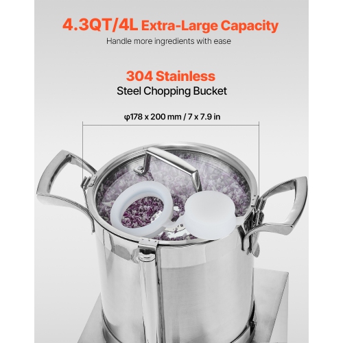 VEVOR Food Processor & Vegetable Chopper, 4.3 Quart Food-Grade Stainless Steel Food Processor Chopper with 2 Extra S-Curve Blades, Ideal for Chopping