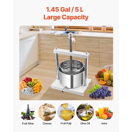 VEVOR 1.45 Gal/5L Fruit Wine Press, 2 Stainless Steel Barrels, Manual Juice Maker, Cider Apple Grape Tincture Honey Olive Oil Making Press with