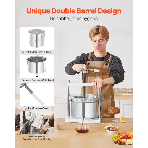 VEVOR 1.45 Gal/5L Fruit Wine Press, 2 Stainless Steel Barrels, Manual Juice Maker, Cider Apple Grape Tincture Honey Olive Oil Making Press with
