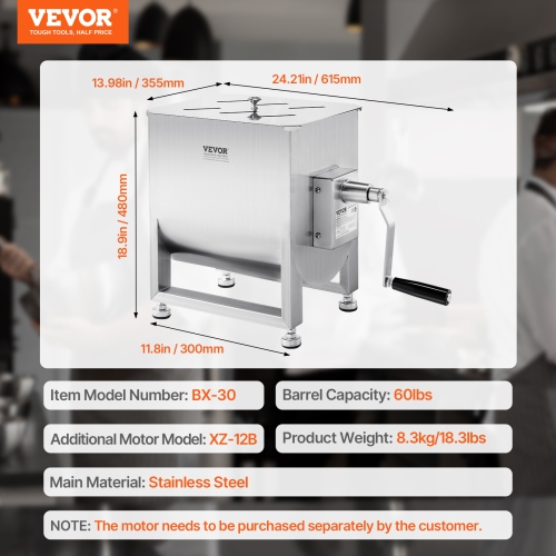 VEVOR 60L Manual Meat Mixer, Fixed Tank Meat Processing Equipment(Mixing Max 60LBS for Meat), Stainless Steel Meat Mixer, with Lid Handle Gear