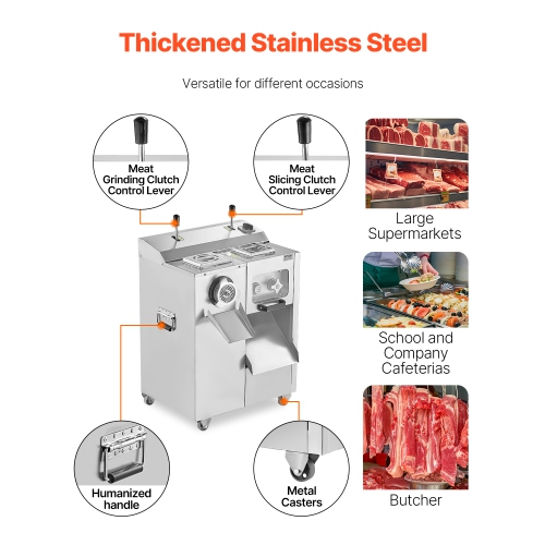 VEVOR 14 Lbs/Min Meat Grinder, Electric Meat Grinder, Slicer, Sausage Stuffer with Blade, Grinding Plate, Sausage Maker, Stainless Steel Meat Mincer