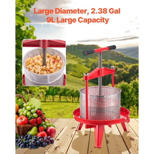 VEVOR 2.38 Gal/9L Fruit Wine Press, Stainless Steel Basket with Cross-beam and Triangular Structure, Manual Juice Maker, Cider Apple Grape Tincture