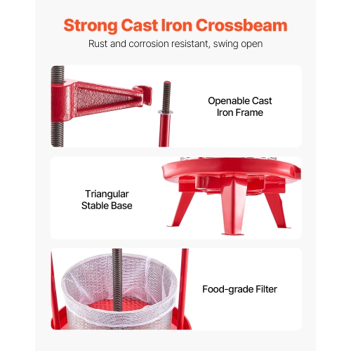 VEVOR 2.38 Gal/9L Fruit Wine Press, Stainless Steel Basket with Cross-beam and Triangular Structure, Manual Juice Maker, Cider Apple Grape Tincture