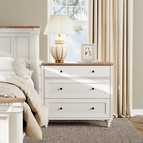 WAMPAT Farmhouse Nightstand with 3 Drawers, Large Wood Bedside Table Night Stand, Wide Sofa Side End Table 3 Drawers Chest of Dresser for Living