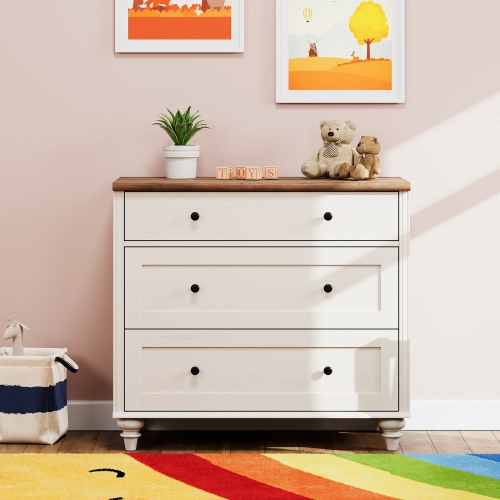 WAMPAT Farmhouse Nightstand with 3 Drawers, Large Wood Bedside Table Night Stand, Wide Sofa Side End Table 3 Drawers Chest of Dresser for Living