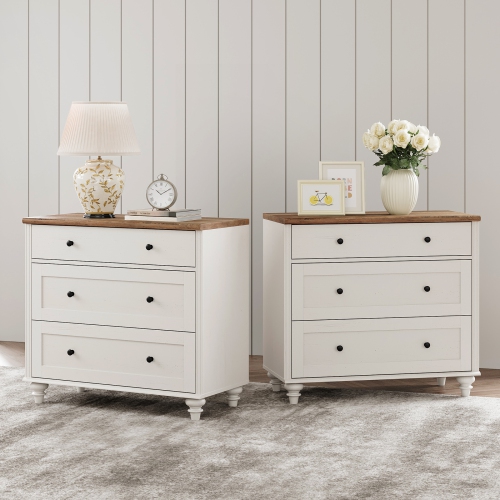 WAMPAT Farmhouse Nightstand with 3 Drawers, Large Wood Bedside Table Night Stand, Wide Sofa Side End Table 3 Drawers Chest of Dresser for Living