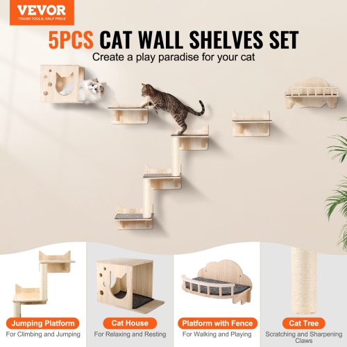 VEVOR 5 PCS Wall Mounted Cat Shelves,Cat Wall Shelves and Perches with Jumping Boards,Barrier Board & Cat Tree, Cat Floating Furniture up to 40 lbs