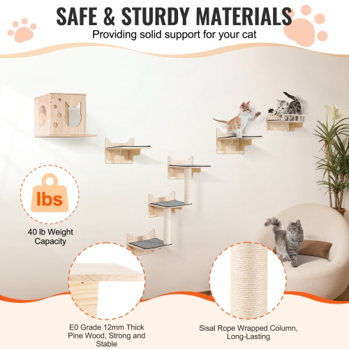 VEVOR 5 PCS Wall Mounted Cat Shelves,Cat Wall Shelves and Perches with Jumping Boards,Barrier Board & Cat Tree, Cat Floating Furniture up to 40 lbs