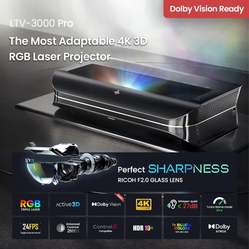 AWOL Vision - LTV-3000 Pro 4K Smart UHD 3D Triple Laser Ultra Short Throw Projector with HDR10+, Dolby Vision & Atmos - Black