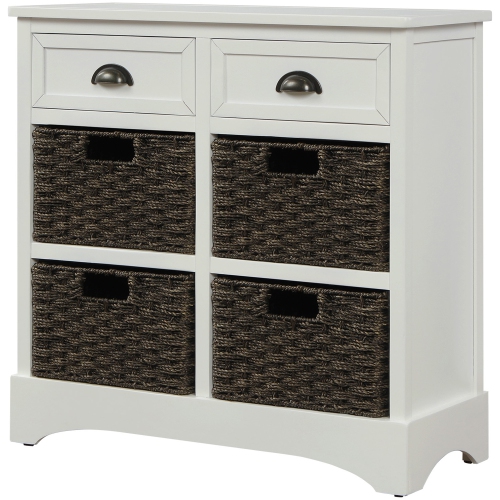 Kepooman Rustic Storage Cabinet with Two Drawers and Four Classic Rattan Basket for Dining Room/Living Room - White