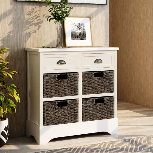 Kepooman Rustic Storage Cabinet with Two Drawers and Four Classic Rattan Basket for Dining Room/Living Room - White
