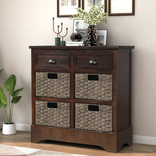 Kepooman Rustic Storage Cabinet with Two Drawers and Four Classic Rattan Basket for Dining Room/Living Room - Espresso