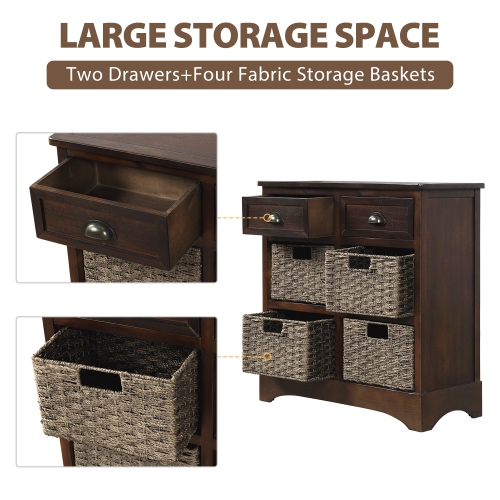 Kepooman Rustic Storage Cabinet with Two Drawers and Four Classic Rattan Basket for Dining Room/Living Room - Espresso