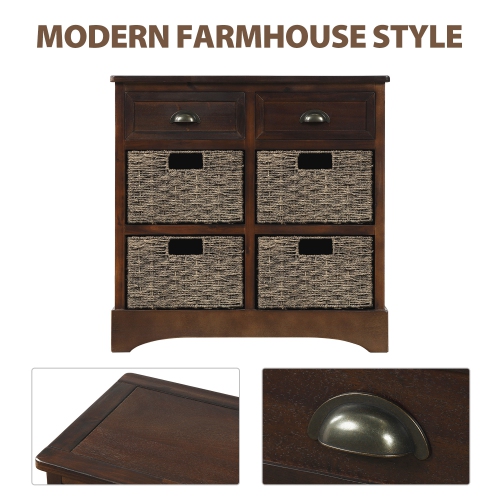 Kepooman Rustic Storage Cabinet with Two Drawers and Four Classic Rattan Basket for Dining Room/Living Room - Espresso