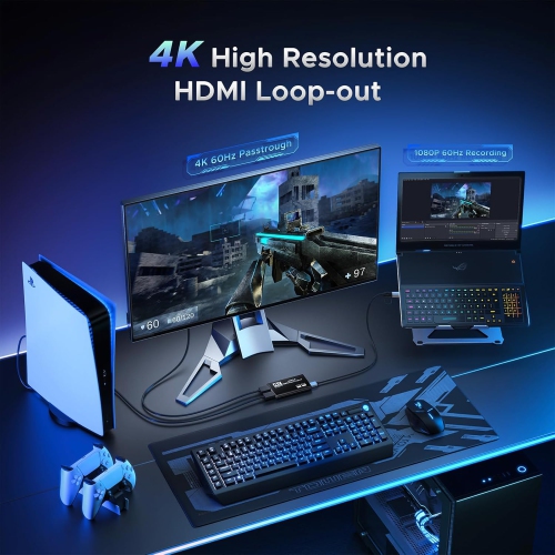 【4K loop output + 1080P recording】USB3.0 HDMI video capture card, driver-free, plug and play, support UVC/UAC, game live broadcast/conference