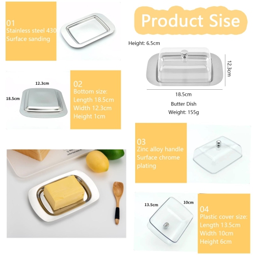 Beurrier en acier inoxydable avec couvercle et poignée, capacité de 250&nbsp;g, convient pour conserver le fromage, les plats froids et les gâteaux