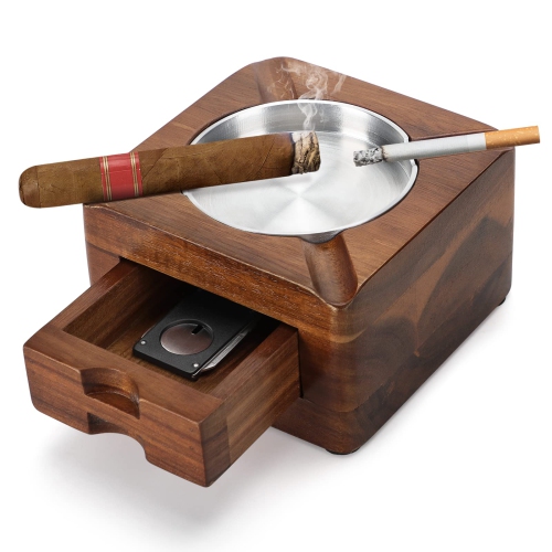 MYACUC  Wooden Square Cigar Ashtray 4 Slots With Drawer Ashtray for Indoor Outdoor Patio Home Office Personalized Gift for Men