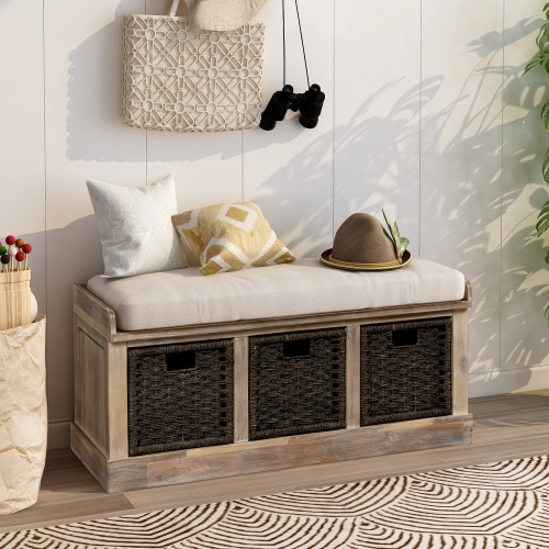 Kepooman Rustic Storage Bench with 3 Removable Classic Rattan Basket,Entryway Bench with Removable Cushion - Natural