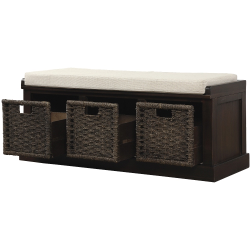 Kepooman Rustic Storage Bench with 3 Removable Classic Rattan Basket,Entryway Bench with Removable Cushion - Espresso