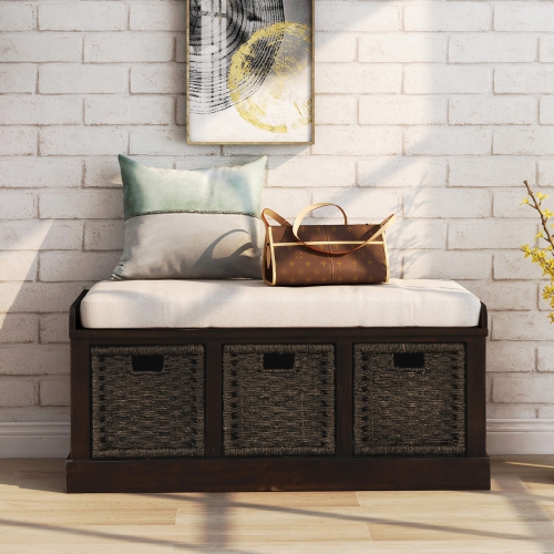 Kepooman Rustic Storage Bench with 3 Removable Classic Rattan Basket,Entryway Bench with Removable Cushion - Espresso