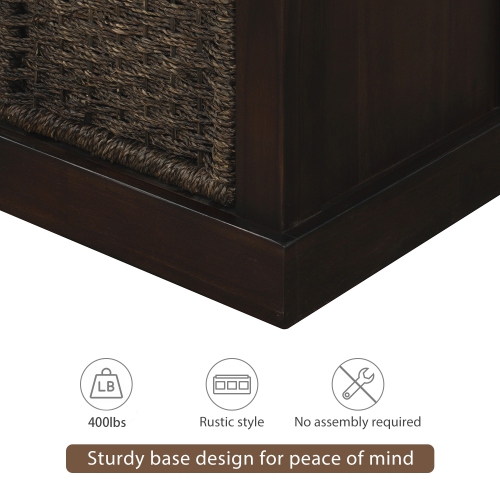 Kepooman Rustic Storage Bench with 3 Removable Classic Rattan Basket,Entryway Bench with Removable Cushion - Espresso