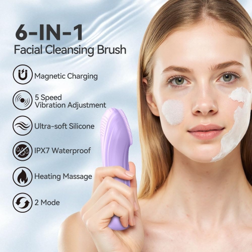 Facial Cleansing Brush,Silicone Face Scrubber with Heat & Vibration,Waterproof Rechargeable Electric Face Scrub Brush for Men & Women