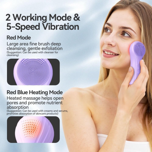 Facial Cleansing Brush,Silicone Face Scrubber with Heat & Vibration,Waterproof Rechargeable Electric Face Scrub Brush for Men & Women