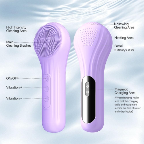 Facial Cleansing Brush,Silicone Face Scrubber with Heat & Vibration,Waterproof Rechargeable Electric Face Scrub Brush for Men & Women