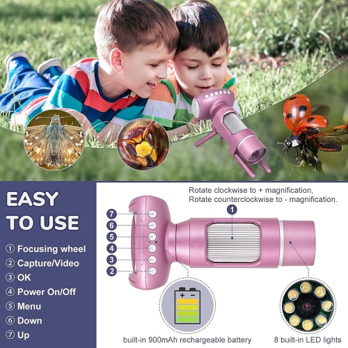 Children's HD digital microscope set-2-inch large screen/200 times magnification/1080P video/8LED fill light/connectable to computer/pink+32G memory