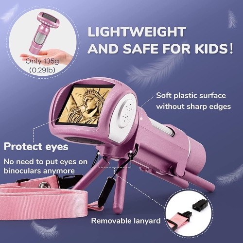 Children's HD digital microscope set-2-inch large screen/200 times magnification/1080P video/8LED fill light/connectable to computer/pink+32G memory