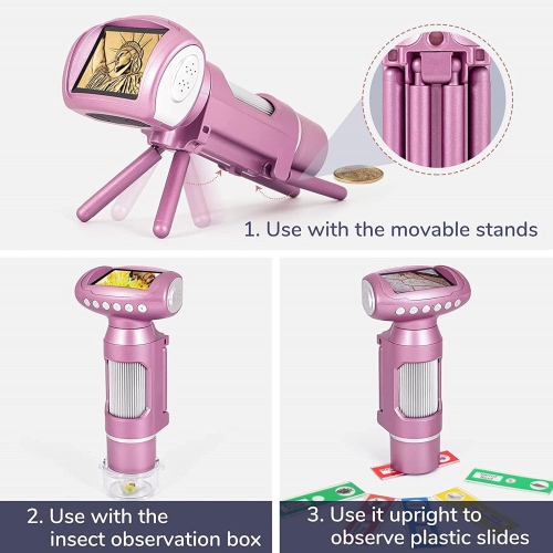Children's HD digital microscope set-2-inch large screen/200 times magnification/1080P video/8LED fill light/connectable to computer/pink+32G memory