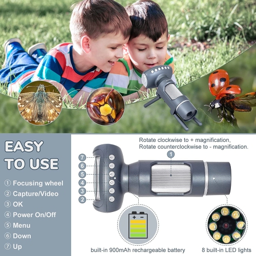 Children's HD digital microscope-2-inch large screen/200 times magnification/1080P video/8LED fill light/connectable to computer/silver+16G memory