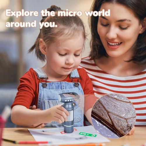 Children's HD digital microscope-2-inch large screen/200 times magnification/1080P video/8LED fill light/connectable to computer/silver+16G memory