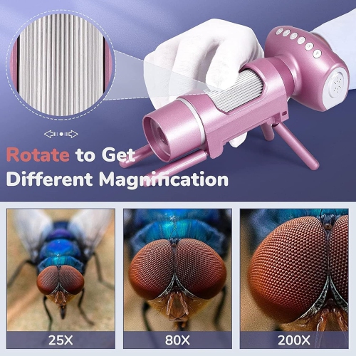 Children's HD digital microscope-2-inch large screen/200 times magnification/1080P video/8LED fill light/connectable to computer/pink+16 memory card