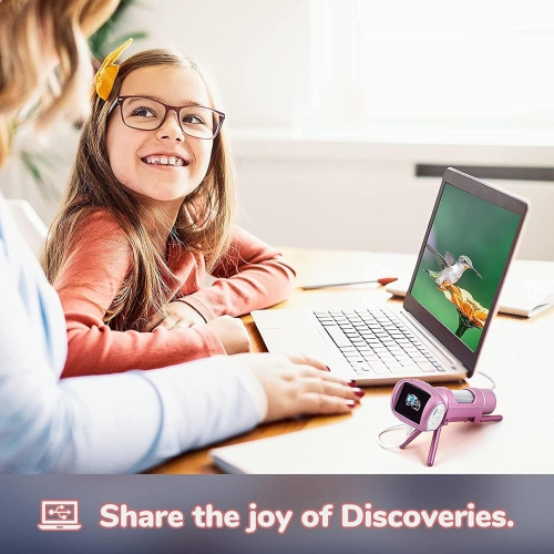 Children's HD digital microscope-2-inch large screen/200 times magnification/1080P video/8LED fill light/connectable to computer/pink+16 memory card