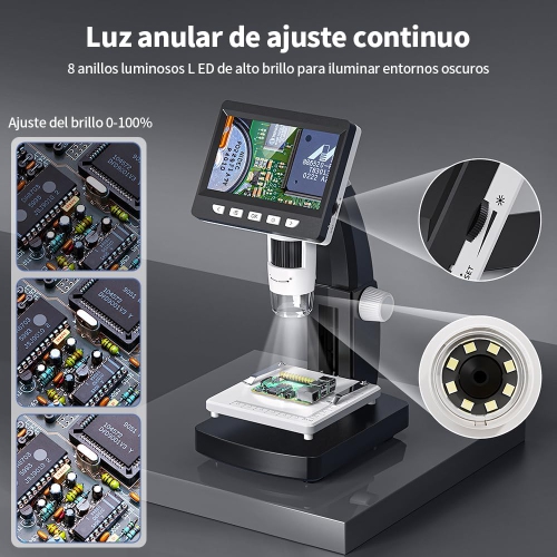 Microscope numérique professionnel HD - Écran IPS de 4,3&nbsp;po/grossissement 1000x/support en métal/gradation 8LED/platine relevable