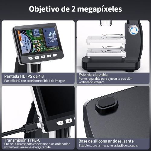 Microscope numérique professionnel HD - Écran IPS de 4,3&nbsp;po/grossissement 1000x/support en métal/gradation 8LED/platine relevable