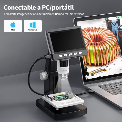 Microscope numérique professionnel HD - Écran IPS de 4,3&nbsp;po/grossissement 1000x/support en métal/gradation 8LED/platine relevable